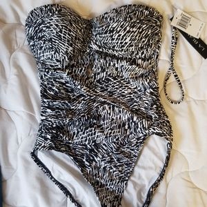 La Blanca Black and white strapless/halter one pc